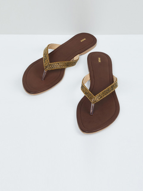 

max Women Bronze Embellished T-Strap Flats