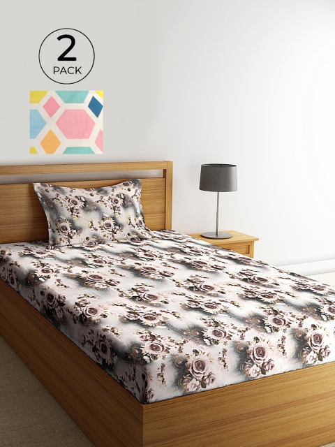 

KLOTTHE Grey & Pink Floral 210 TC Cotton 2 Single Bedsheet with 2 Pillow Covers