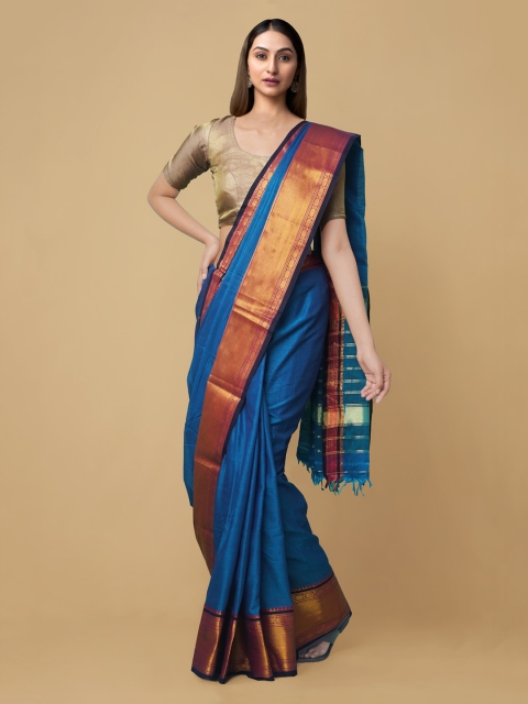 

Unnati Silks Blue & Bronze-Toned Zari Pure Cotton Narayan Peth Handloom Saree