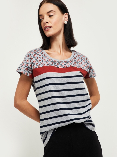 

max Women Grey Striped T-shirt