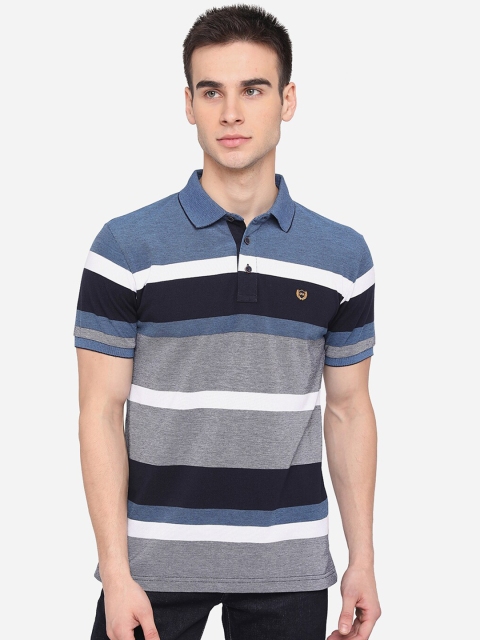 

JADE BLUE Men Grey & Blue Striped Cotton Polo Collar Slim Fit T-shirt