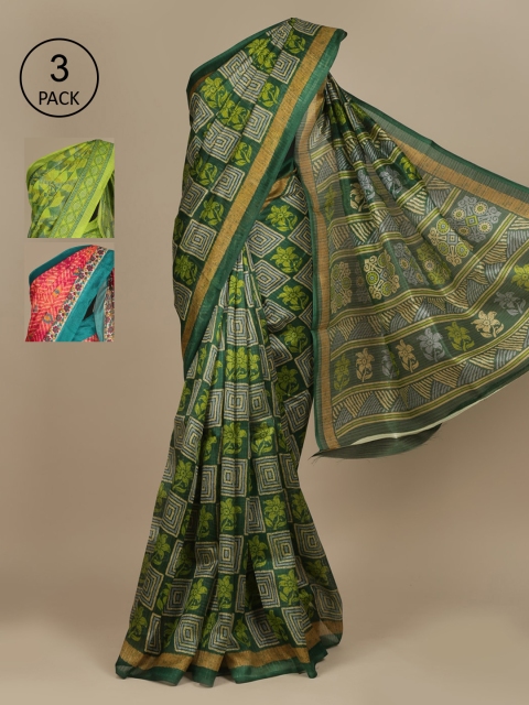 

Pothys Pack Of 3 Ethnic Motifs Jute Silk Saree, Green