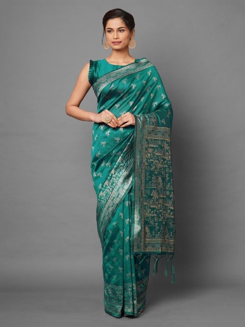 

Mitera Teal Warli Zari Silk Blend Banarasi Saree