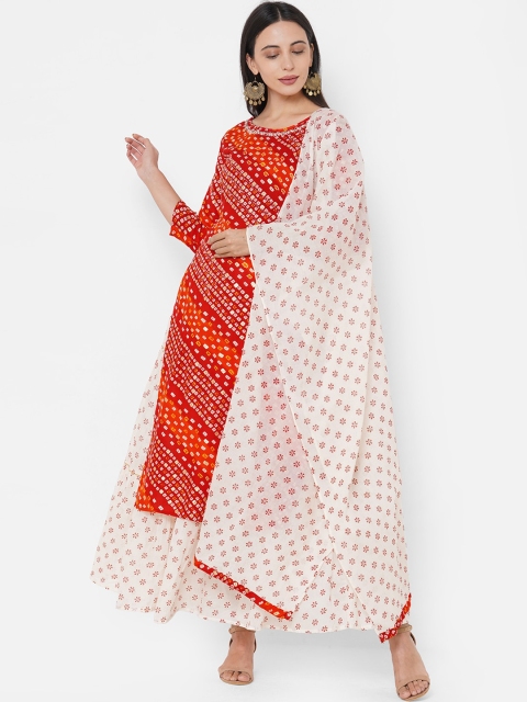 

FASHOR Women Red Bandhani Printed Panelled Kurta with Skirt & With Dupatta