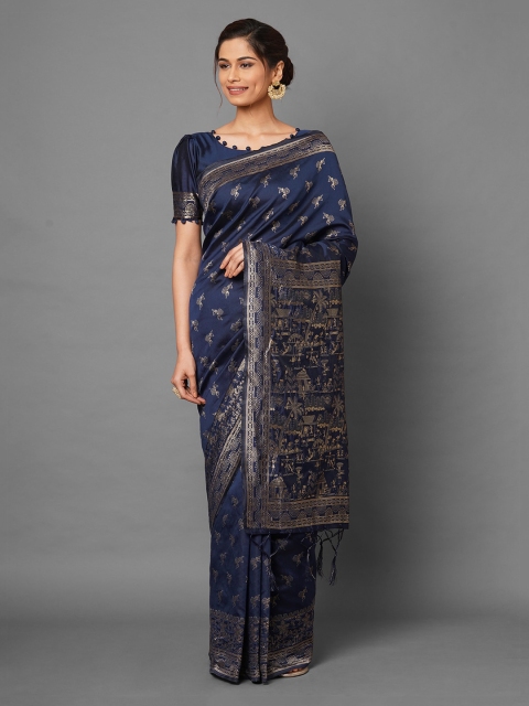 

Mitera Navy Blue Warli Zari Silk Blend Banarasi Saree