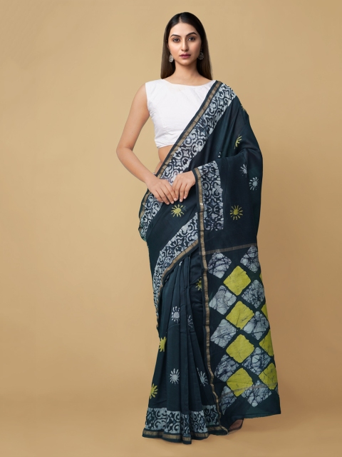 

Unnati Silks Blue Batik Silk Cotton Chanderi Saree