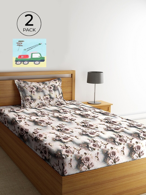 

KLOTTHE Grey & Sea Green Floral 210 TC Cotton 2 Single Bedsheet with 2 Pillow Covers