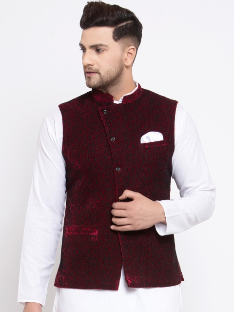 

MAXENCE Men Maroon & Black Woven-Design Cotton Slim-Fit Nehru Jacket