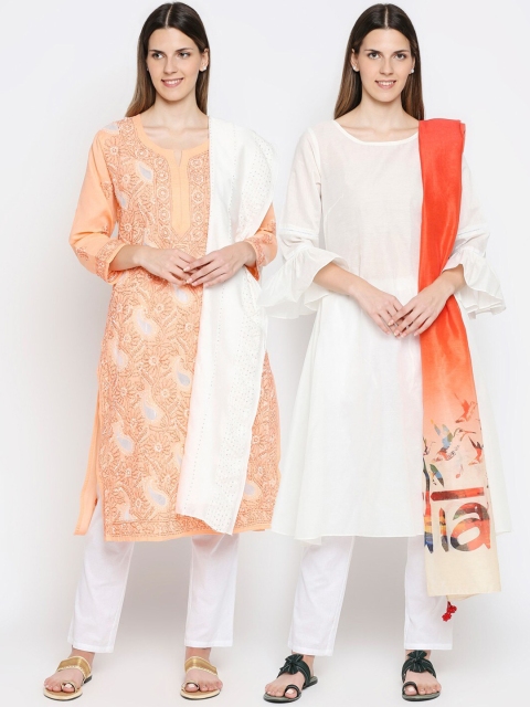 

Get Wrapped Combo Pack of 2 Orange & White Printed Dupatta