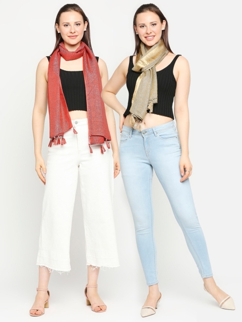 

Get Wrapped Women Pack Of 2 Red & Gold-Toned Self-Design Scarves