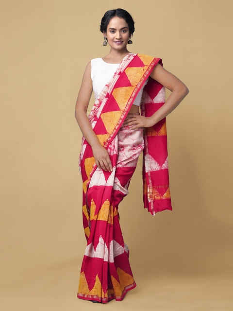 

Unnati Silks White & Red Batik Silk Cotton Handloom Chanderi Saree