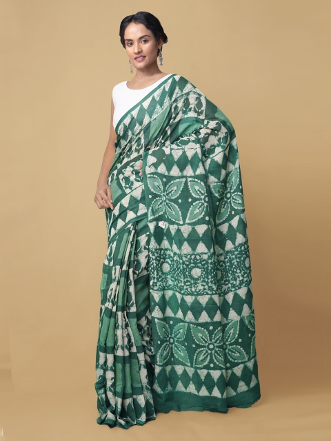 

Unnati Silks Green & White Dabu Pure Cotton Kota Saree