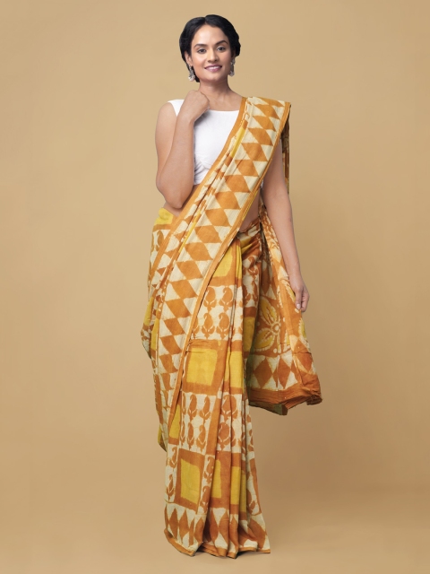 

Unnati Silks Yellow Dabu Printed Pure Cotton Kota Saree