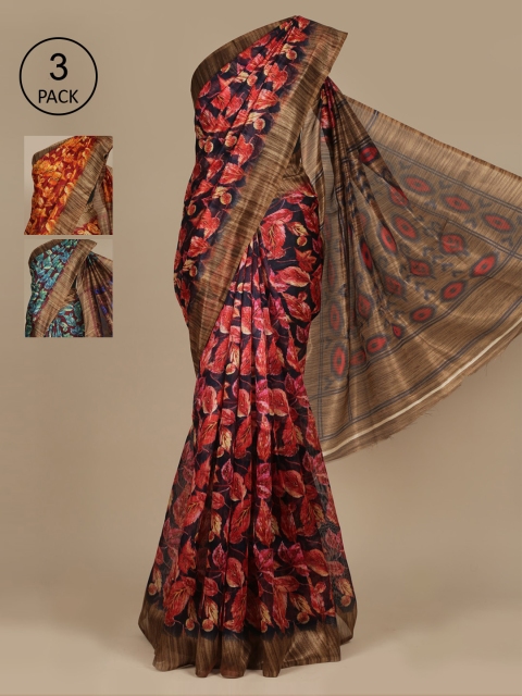 

Pothys Navy 3Pack Blue Checked Zardozi Jute Silk Saree, Navy blue