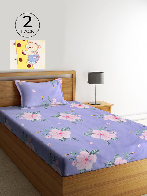 

KLOTTHE Purple & Yellow Floral 210 TC Cotton 2 Single Bedsheet with 2 Pillow Covers