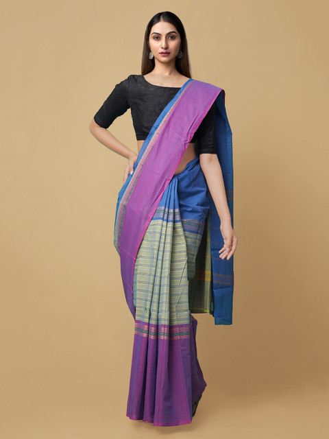 

Unnati Silks Green & Blue Striped Pure Cotton Handloom Kanjeevaram Sustainable Saree