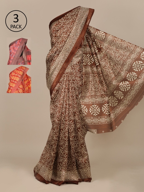 

Pothys Pack Of 3 Jute Silk Sarees, Brown