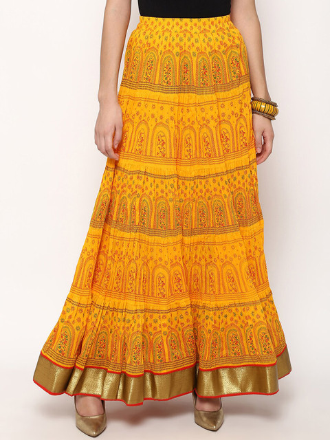 

V2 Value & Variety Women Yellow & Orange Printed Pure Cotton Flared Maxi Skirt