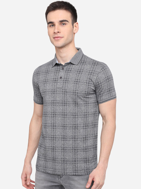 

JADE BLUE Men Grey Checked Polo Collar Cotton Slim Fit T-shirt