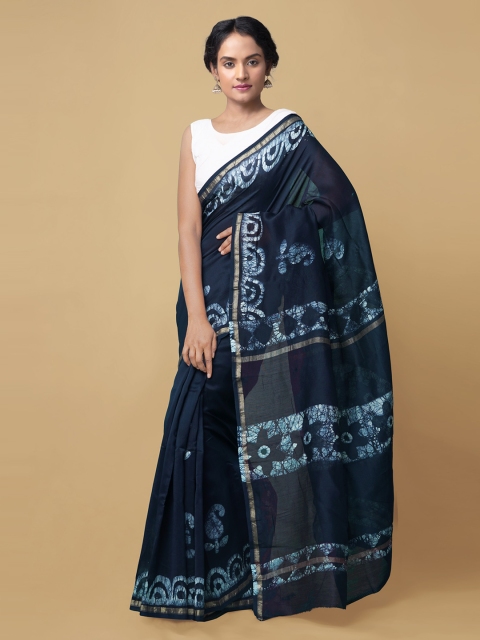

Unnati Silks Blue Batik Printed Silk Cotton Chanderi Saree