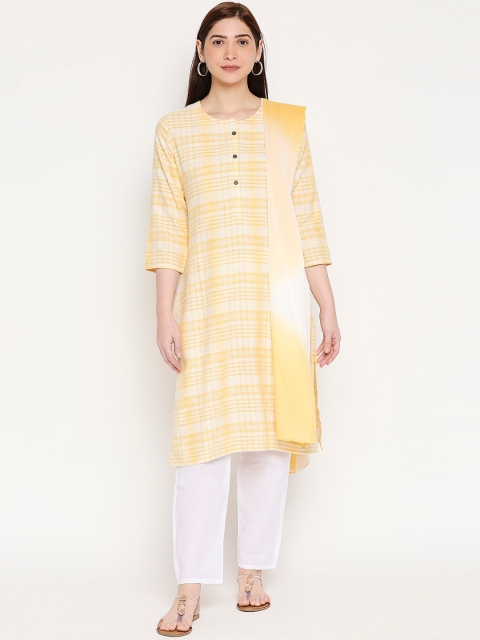 

ZRI Women Yellow & White Pure Cotton Kurta with Trousers & With Dupatta