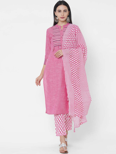 

FASHOR Women Pink Printed Pure Cotton Kurta with Trousers & With Dupatta