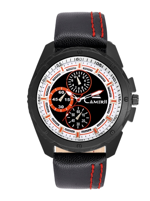 

Camerii Men Black Brass Embellished Dial & Black Leather Straps Analogue Watch