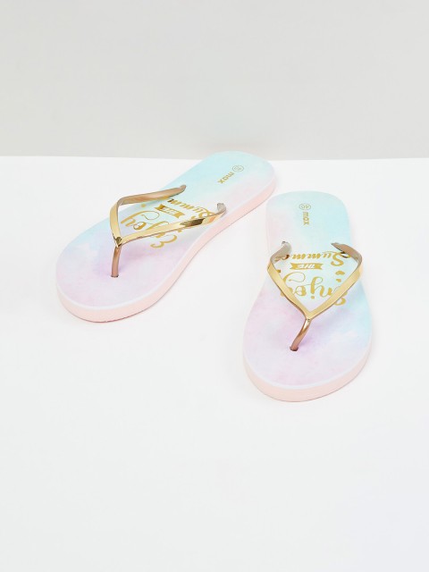 

max Women Gold & Pink Printed Thong Flip-Flops