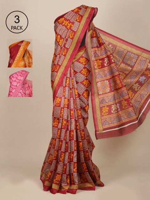 

Pothys Maroon & Pink Set of 3 Jute Silk Saree