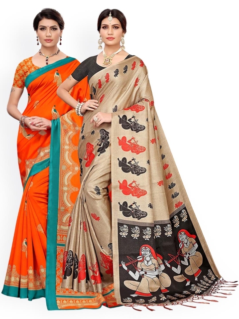 

KALINI Pack of 2 Orange & Beige Ethnic Motifs Art Silk Saree