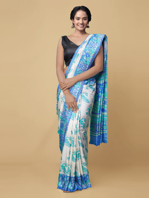 

Unnati Silks White Woven Design Zari Block Print Saree