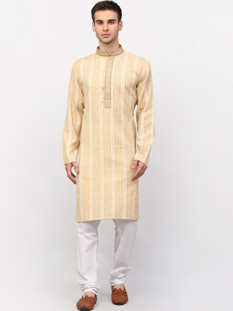 

Jompers Men Beige Embroidered Pure Cotton Kurta with Pyjamas