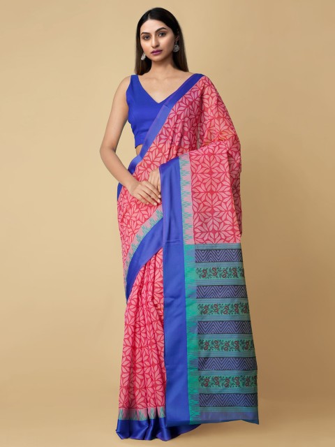 

Unnati Silks Pink & Blue Floral Silk Cotton Chanderi Handloom Saree