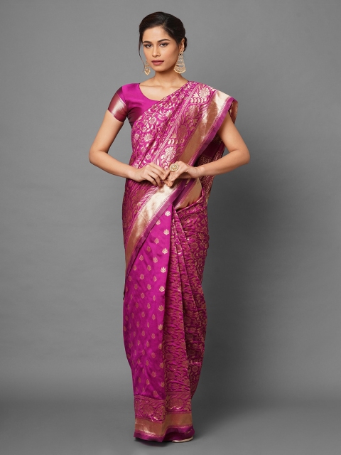 

Mitera Pink Floral Zari Silk Blend Heavy Work Banarasi Saree