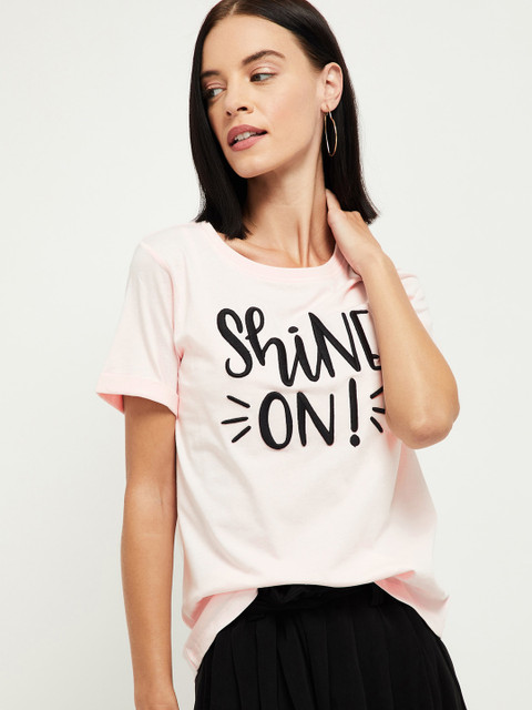 

max Women Pink Typography Printed Cotton Pure Cotton T-shirt