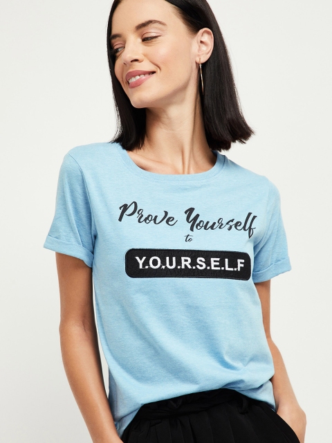 

max Women Blue Typography Printed T-shirt