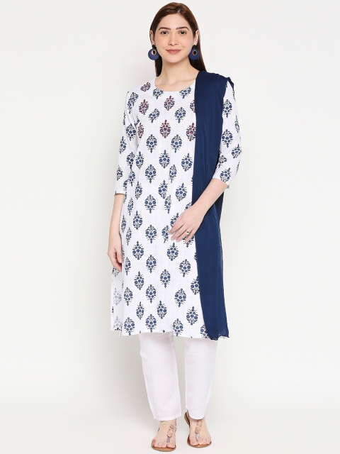 

ZRI Women White Ethnic Motifs Printed Pure Cotton Kurta with Trousers & With Dupatta