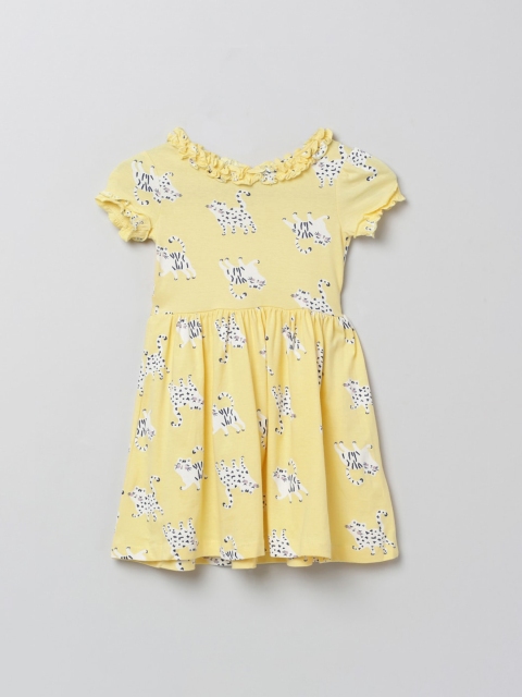 

max Girls Yellow Animal Printed Round Neck Dress With Ruffle Detailing