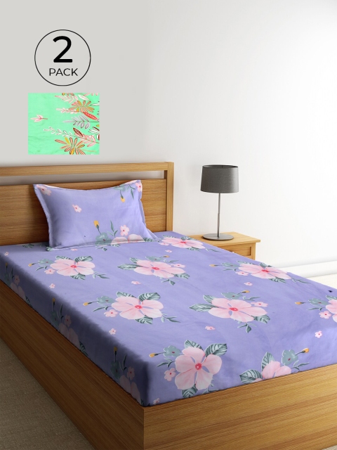 

KLOTTHE Purple & Green Floral 210 TC Cotton 2 Single Bedsheet with 2 Pillow Covers
