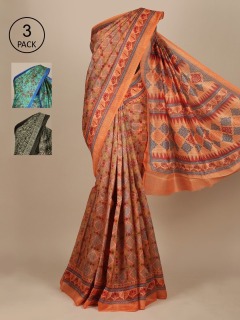 

Pothys 3pack Peach Printed Zari Jute Silk Heavy Work Saree