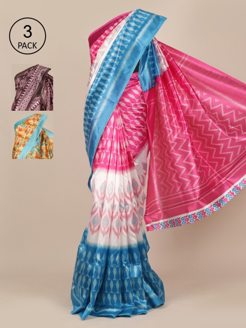 

Pothys Pack Of 3 Blue & Pink Ethnic Motifs Jute Silk Saree