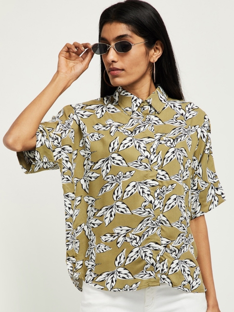 

max Women Olive Boxy Floral Printed Casual Shirt