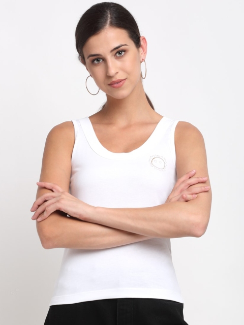 

Bhaane White Solid Pure Cotton Tank Top