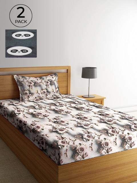 

KLOTTHE Pack of 2 Floral 210 TC Polycotton Single Bedsheet with 2 Pillow Covers, Grey