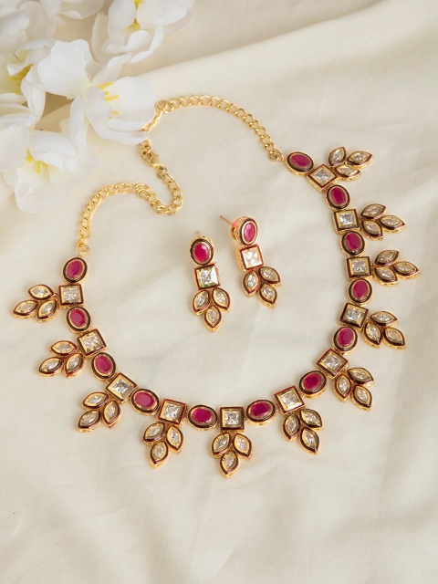 

INDYA Gold-Plated & Pink Kundan-Studded Enamelled Jewellery Set