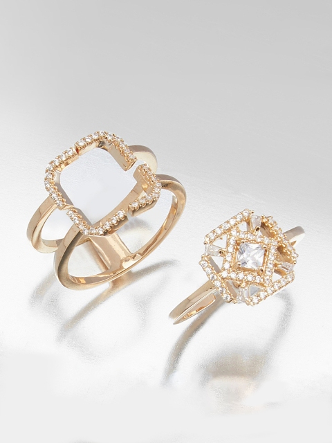 

shaze Set Of 2 Gold-Toned & White CZ Studded Finger Rings