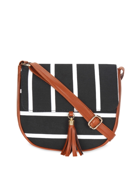 

Lychee bags Black & White Striped Oversized Structured Sling Bag with Tasselled