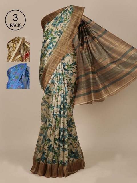 

Pothys Cream 3Pack Checked Embroidered Jute Silk Saree