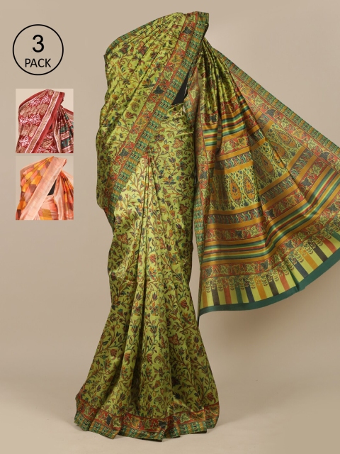

Pothys Pack Of 3 Green & Orange Floral Jute Silk Saree