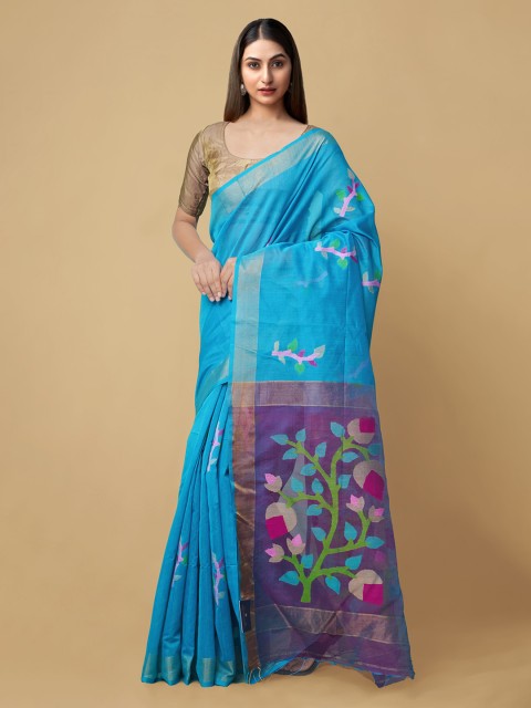 

Unnati Silks Blue Ethnic Motifs Silk Cotton Jamdani Saree